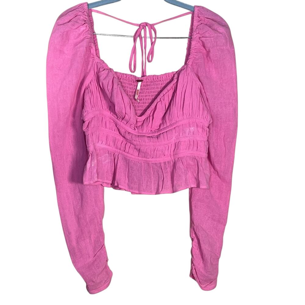 Free People Women’s Chloe Smocked Tie Neck Cotton Top in Pink Aurora Size XS